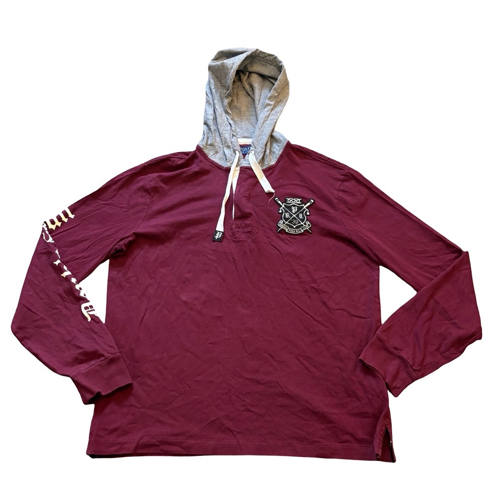 Polo Ralph Lauren Mens Hooded Rugby Shirt Burgundy Rowing Club Crest Size M